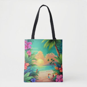 Tote Bag Coucher de soleil tropical avec des fleurs d'Hibis