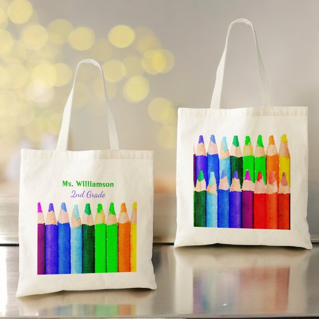 Tote Bag Couleur Crayons Retour À L'École Personnalisé Nom  (custom front and back tote bag design)