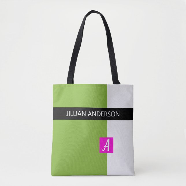 Tote Bag Couleur verte moderne bloquée Monogramme (Devant)