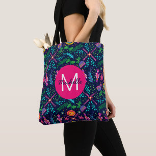 Tote Bag Couleur Vif Floral Chaotique Personnalisé Bleu