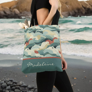 Tote Bag Couleur vintage Vagues et monogramme inspirés du j