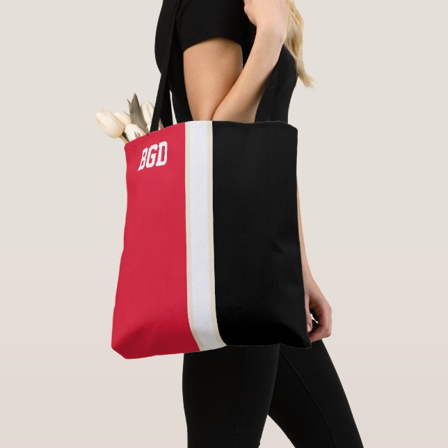 Tote Bag Couleurs de collège Rouge, noir et crème Monogramm (De près)