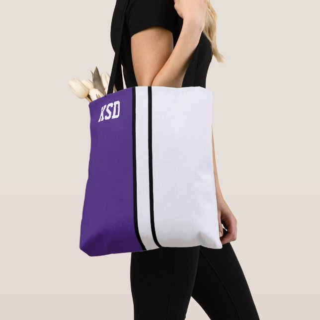 Tote Bag Couleurs de collège violet et blanc (De près)