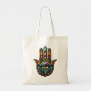 Tote Bag Couleurs de paon Hamsa avec troisième œil doré