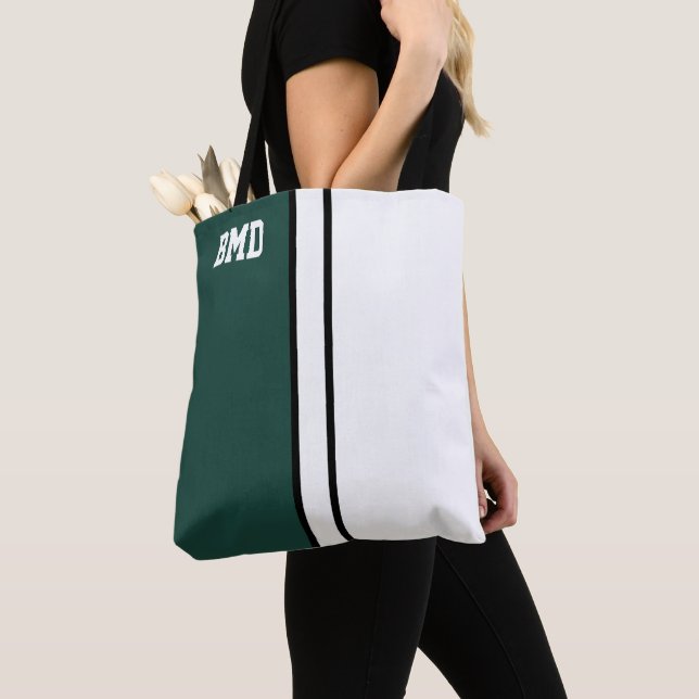 Tote Bag Couleurs du collège Vert foncé et blanc Monogramme (De près)