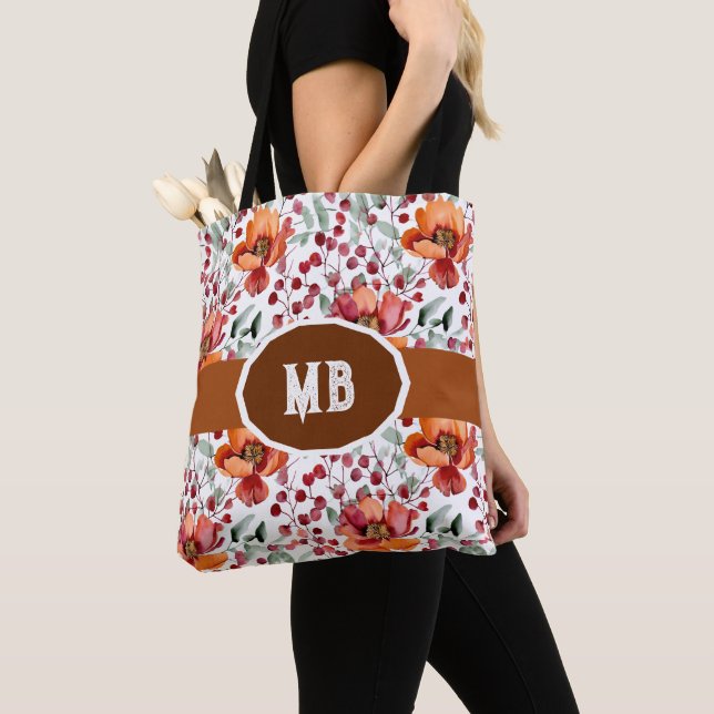 Tote Bag Couleurs Terreuses, Fleurs d'Automne Monogrammées (De près)