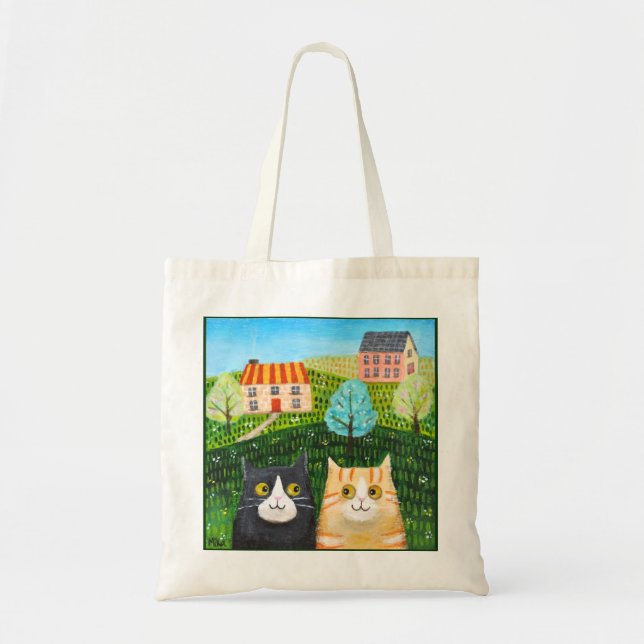 Tote Bag Country Cats Orange Tabby Tuxedo Naive Folk Art (Devant)