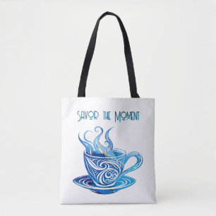 Tote Bag Coupe Artistique de Café Bleu avec Motifs de tourb