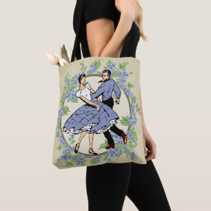 Tote Bag Couple de danse carré en bleu avec fleurs