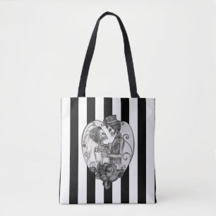 Tote Bag Couple de mariage de danse de squelette rayé d'amo