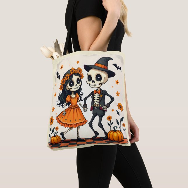 Tote Bag Couple de squelette d'Halloween mignon en orange (De près)