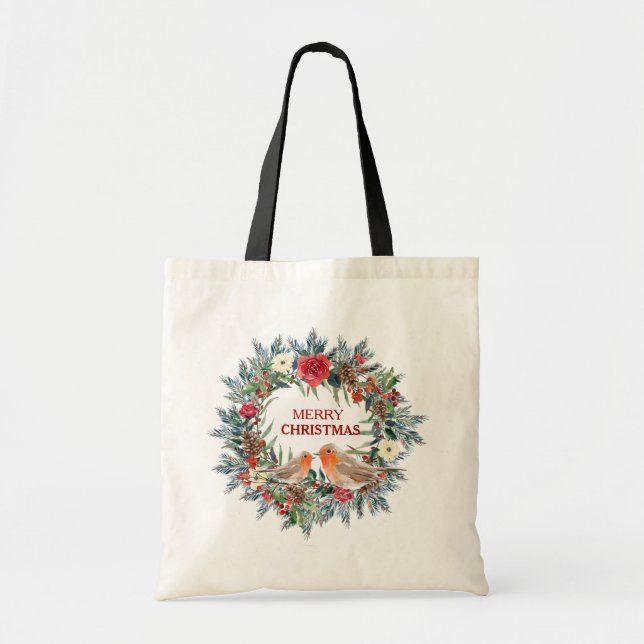 Tote Bag Courbe de Noël fleurie avec inséparables de robin (Devant)