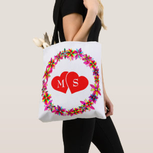 Tote Bag Courbe Florale Colorée Et Coeurs