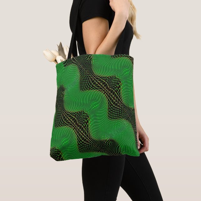 Tote Bag Courbe verte avec lignes et cercles sur foncé (De près)