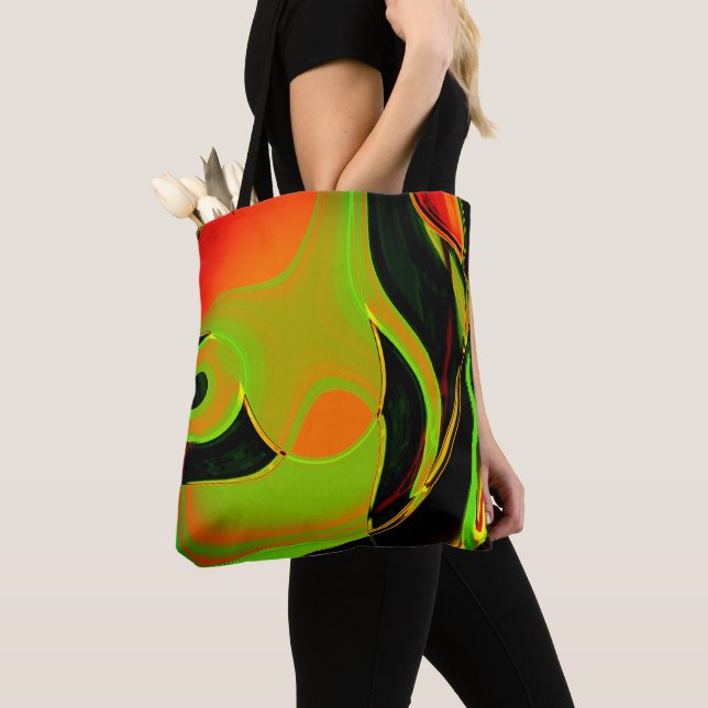 Tote Bag Courbes Abstraites en vert citron avec bain orange (De près)