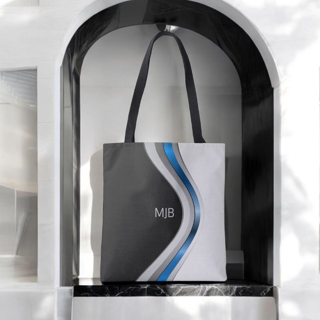 Tote Bag Courbes modernes en noir blanc et bleu avec Monogr (Personalize with your monogram initials.)