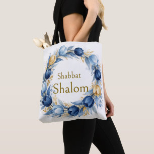 Tote Bag Couronne Bleue Or, Shabbat Shalom Aquarelle Glam