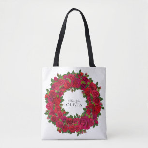 Tote Bag Couronne circulaire de roses rouges avec texte per