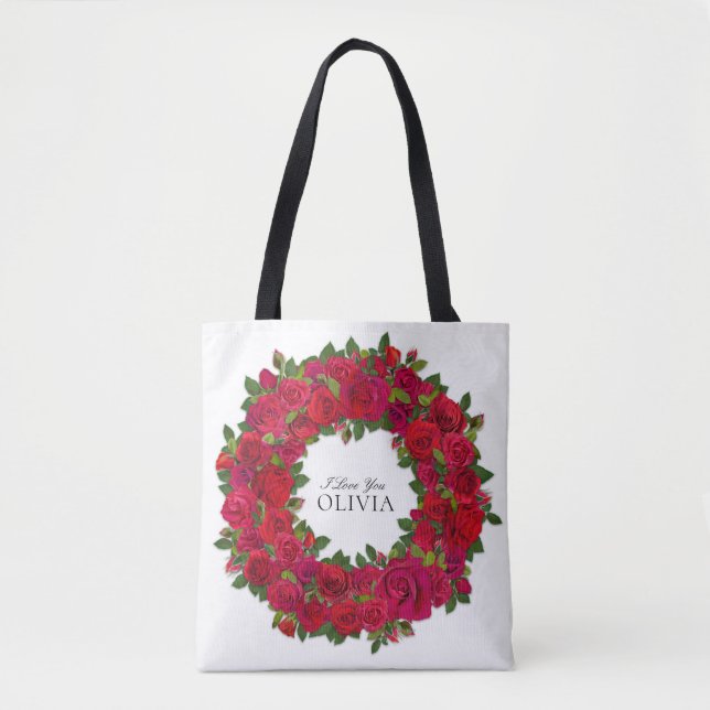 Tote Bag Couronne circulaire de roses rouges avec texte per (Devant)