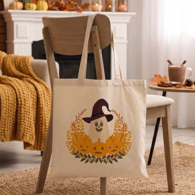 Tote Bag Couronne d'automne de fantôme mignon et de citroui (Créateur téléchargé)