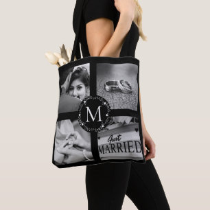 Tote Bag Couronne de collage monogramme avec nom, date Est