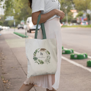 Tote Bag Couronne de feuillage à aquarelle féminine   Monog