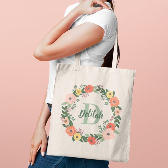 Tote Bag Couronne de feuillage floral rose corail avec mono (Créateur téléchargé)