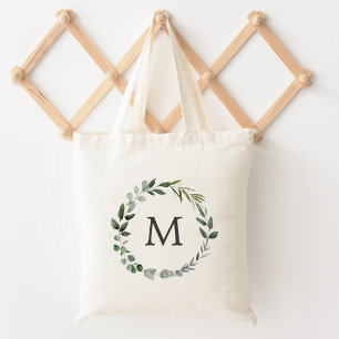 Tote Bag Couronne de feuilles de sauge vertes avec monogram