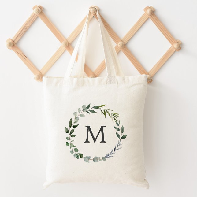 Tote Bag Couronne de feuilles de sauge vertes avec monogram (Close up)