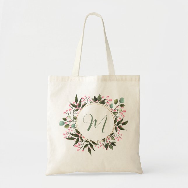 Tote Bag Couronne de fleurs de greenery à l'aquarelle perso (Devant)