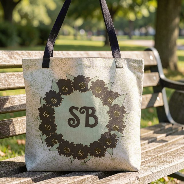 Tote Bag Couronne de fleurs marron chocolat sur fond vert t (Chocolate brown flowers & leaves on a speckled background with your initials in the center.)