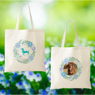 Tote Bag Couronne de fleurs pastel bleu pour teckel - Perso