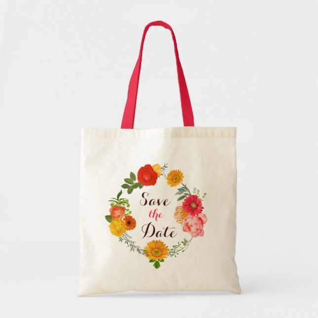 Tote Bag Couronne De Fleurs Rose, Jaune Et Rouge (Devant)