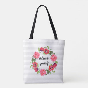 Tote Bag Couronne de fleurs rouges et roses à l'aquarelle