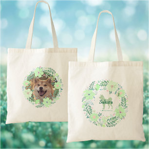 Tote Bag Couronne de fleurs verte menthe Shiba Inu nom pers