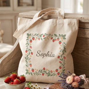 Tote Bag Couronne de fraises Cottagecore avec nom personnal