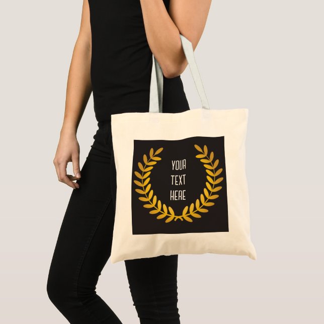 Tote Bag Couronne de laurier d'or sur noir avec des mots (Devant (produit))