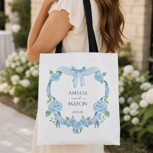 Tote Bag Couronne de mariage à l'aquarelle Hydrangea Bleu