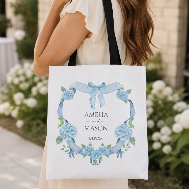 Tote Bag Couronne de mariage à l'aquarelle Hydrangea Bleu (Blue Hydrangea Crest Watercolor Wedding Tote Bag)