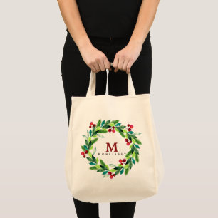 Tote Bag Couronne de monogramme aux baies et houx à l'aquar