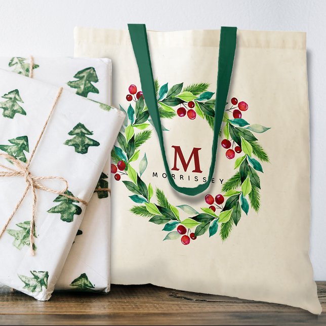 Tote Bag Couronne de monogramme aux baies et houx à l'aquar (Créateur téléchargé)