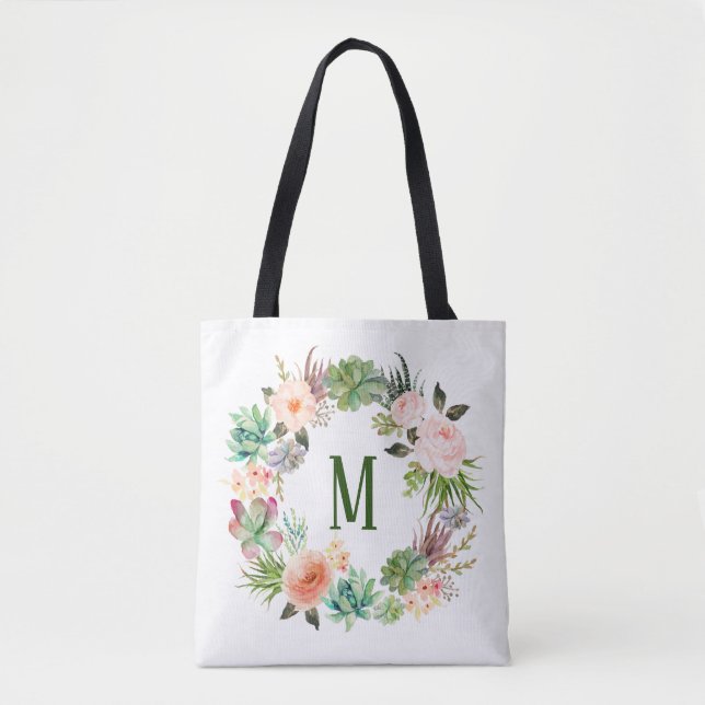 Tote Bag Couronne de monogramme de succulentes à l'aquarell (Devant)