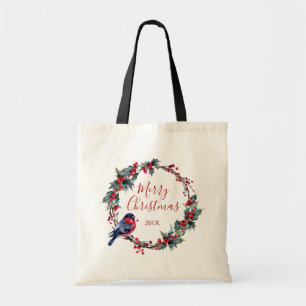 Tote Bag Couronne de Noël Holly et bullfinch