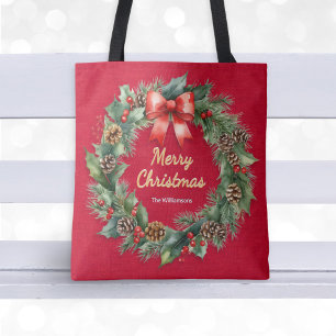 Tote Bag Couronne de Noël Rouge Festive Nom Personnalisé