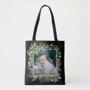 Tote Bag Couronne de photos Joyeuses Fêtes Verdure Carré