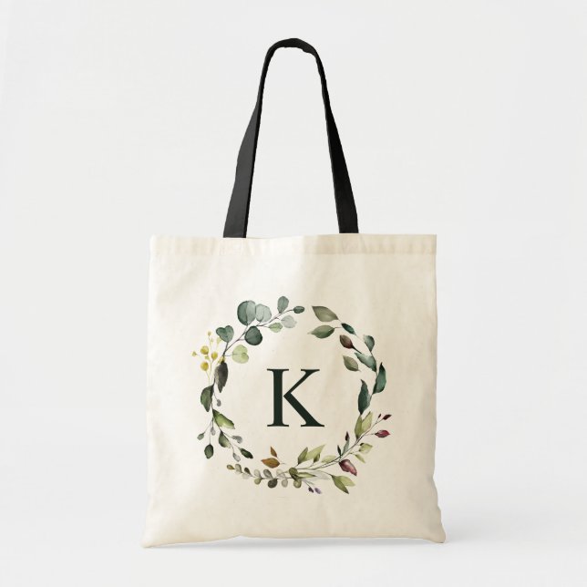 Tote Bag Couronne de verdure à aquarelle Monogramme Demoise (Devant)