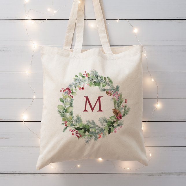 Tote Bag Couronne de verdure d'hiver à l'aquarelle monogram (Watercolor Winter Greenery Wreath Monogram Tote Bag)