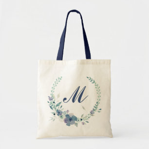 Tote Bag Couronne florale aquarelle bleu monogramme
