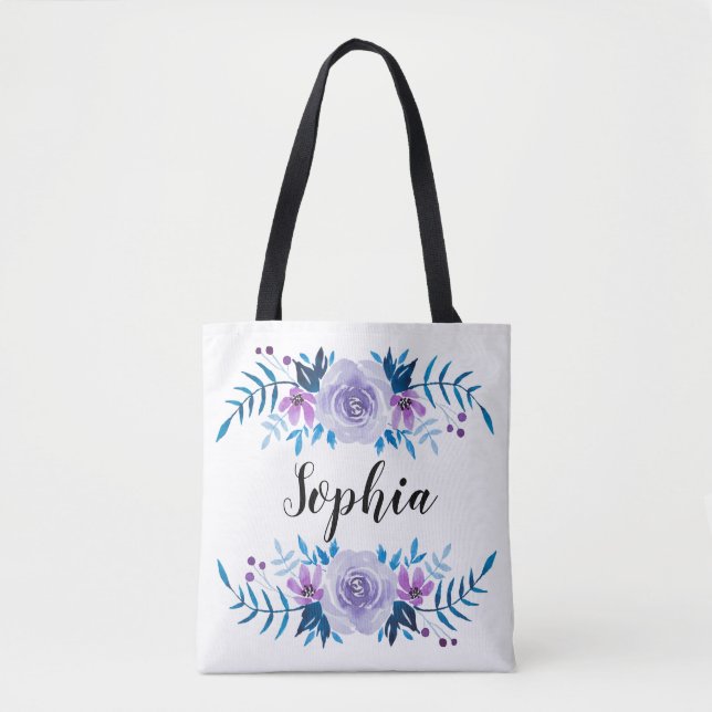 Tote Bag Couronne florale bleue violette aquarelle Texte pe (Devant)