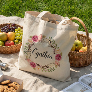 Tote Bag Couronne florale bohème à plumes rustique pour dem